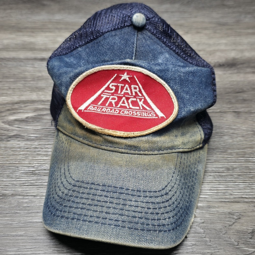 Vintage Star Track Train Railroad Crossing Denim Hat - Right Of His Head